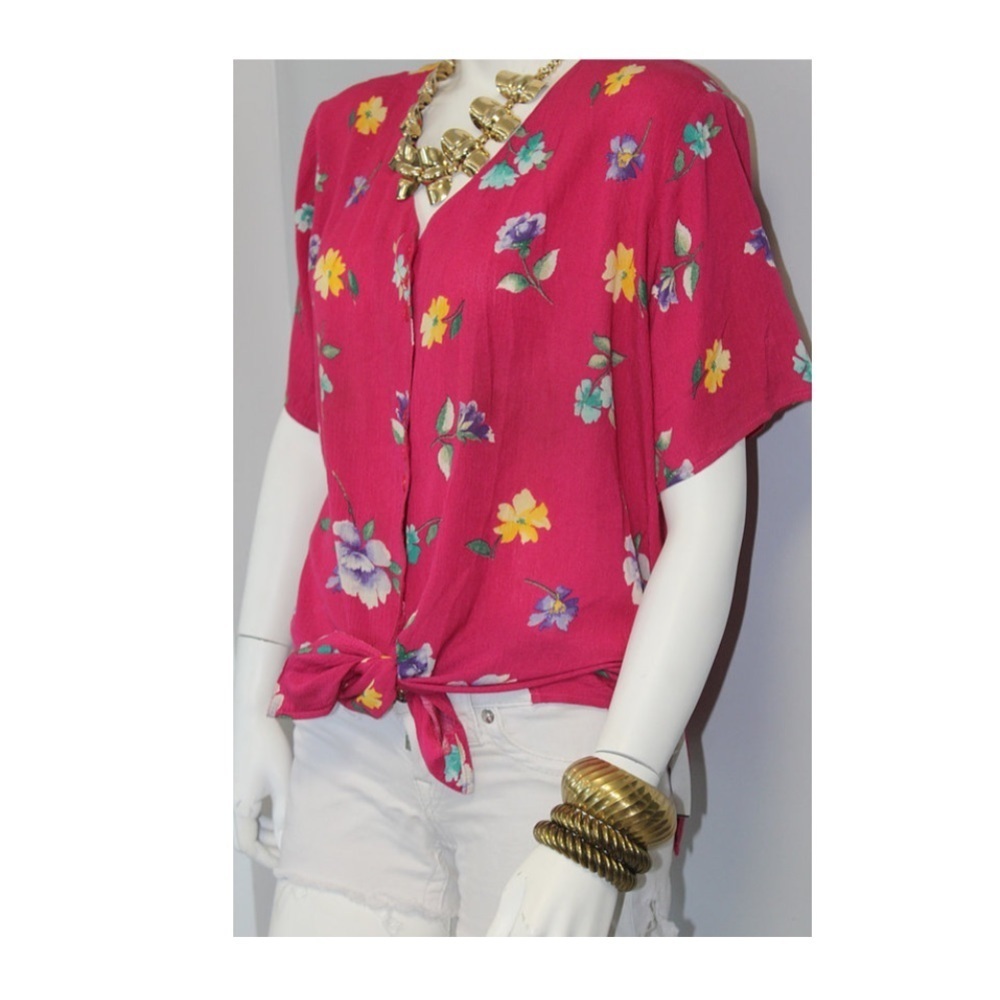 Vintage Pink Floral Short Sleeve Blouse with Shoulder Pads Size Medium - Picture 3 of 4
